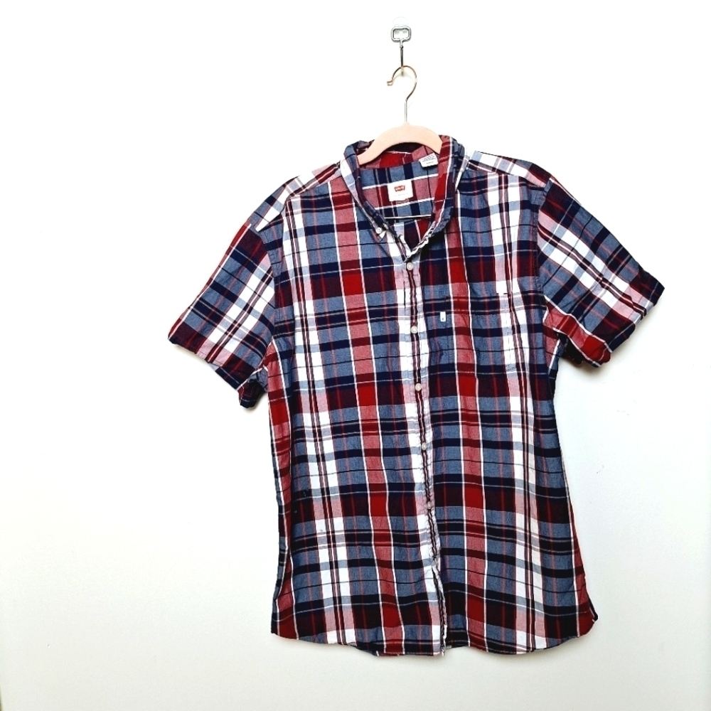 Levi's Red White and Blue Cotton Short Sleeve Plaid Button Up Shirt Size XL